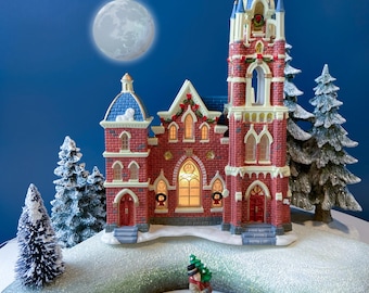 Illuminated Porcelain Christmas Village Red Cathedral Church. Limited Edition. Heartland Valley O'Well. Night Light. Home or Retail Display.
