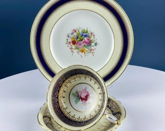 Vintage Paragon Cup and Saucer Royal Worcester Plate. Rose Motif.  with Navy and Gold Band. Tea Lover Connoisseur. Garden Party.