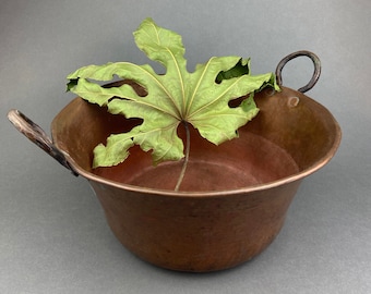 Antique Hand Hammered Copper Cauldron with Bronze Handles, Rustic Decor
