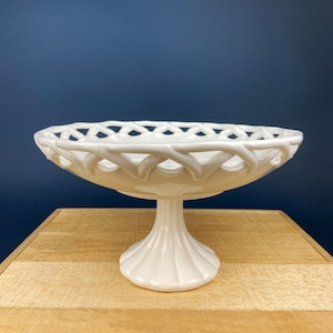 Milk Glass Footed Fruit Bowl with Plaited Edge. Large Westmoreland Serving Dish with Imperial Lace Edge. 12" in Diameter. Table Centerpiece.