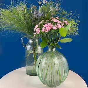 Hand Blown Glass, Light Green Vases. Pair of Large Thick Heavy Glass Flower Vases. Rustic or Modern Home Decor. Art Glass. Collectible Glass