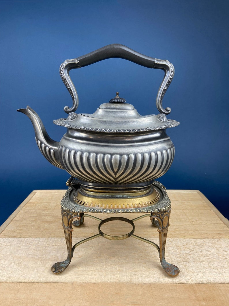 Antique Pewter Teapot or Coffee Pot with Warmer. Fluted Body Pot with Beautiful Detailing on Brims. Made in England. Rustic Home Decor.