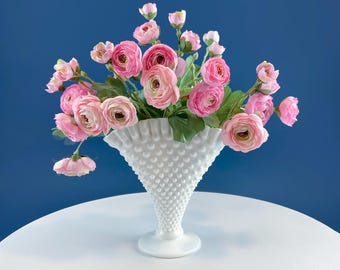 Large Fenton Fan Shaped Hobnail Milk Glass Vase with Ruffled Edge. Contemporary Cottage Design. Modern Farmhouse. Collectible Glass.