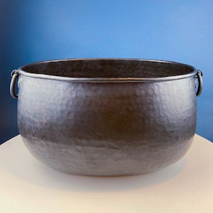 Extra Large Hand Pounded Copper Blackened Cauldron. Antique Hand Hammered Oval Scuttle for Wood Toys or Storage. Rustic Home Decor.