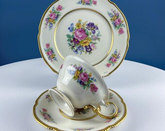 Antique Tea Cup Trio. Rich Floral Tea Set with Matching Dessert Salad Plate. Cottage Core. Modern Farmhouse. Tea Connoisseur.