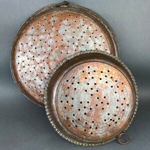 Antique Extra Large Sieves. Rustic Hand Hammered Home Decoration. Set of Two, Large, Primitive Hand Pounded Strainers