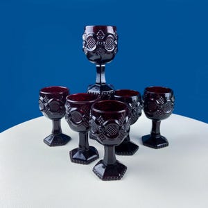 Vintage Ruby Red Avon Cape Cod Dessert Wine Goblets. Set of 7 Glasses. Pressed Glass Roman Rosette Pattern. Barware. Dining Room Table Decor