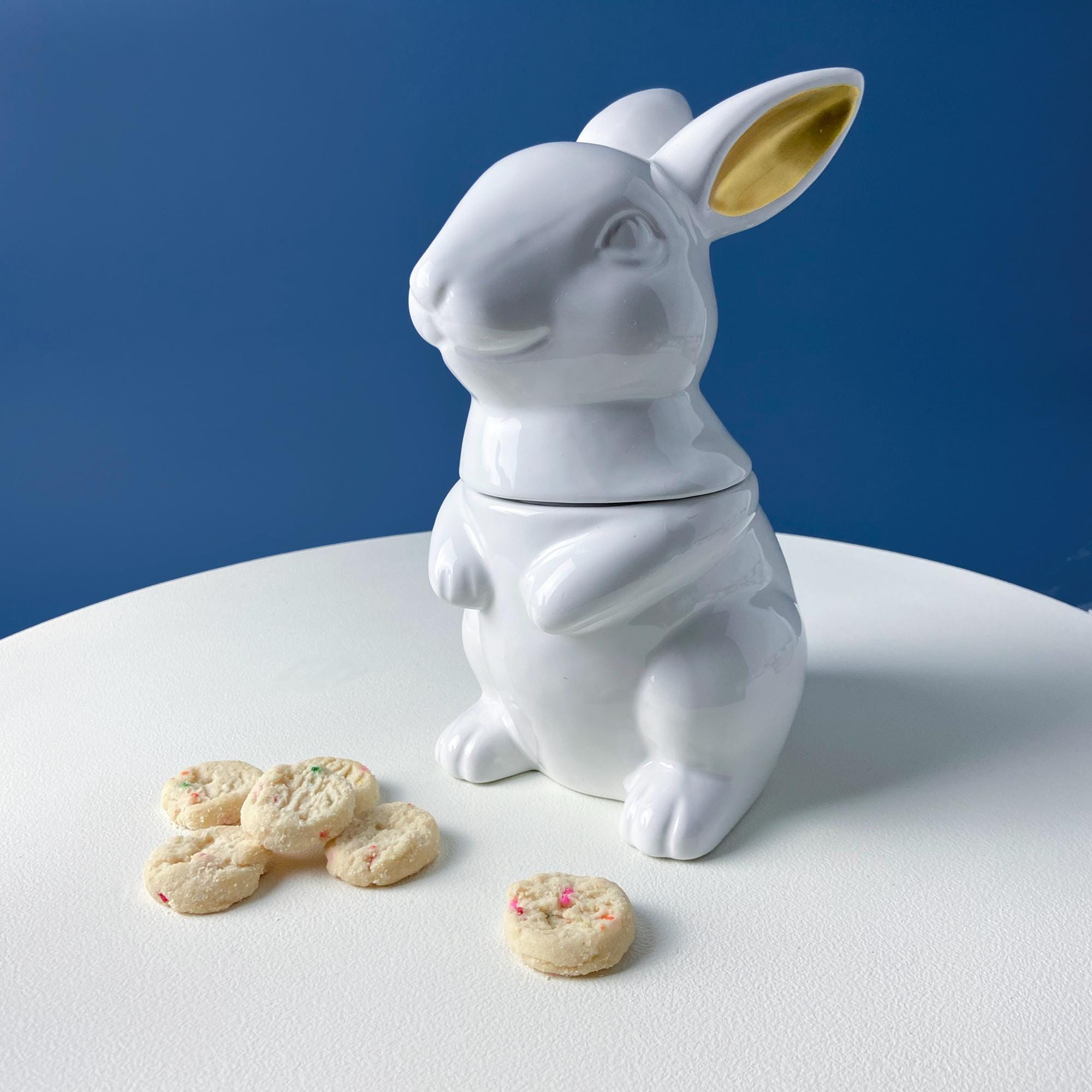 White Bunny Cookie Jar. Smiling Rabbit With Gold Ears. Kitchen