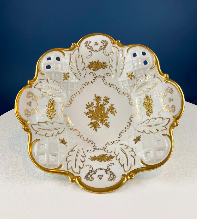 Antique Austrian Hand Painted Serving Bowl Set: Roses, Leaves, Scalloped Edge image 10