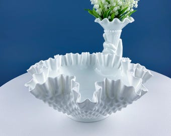 Vintage Fenton 11" Milk Glass Hobnail Bowl with Ruffled Edge. Collectible White Fruit Serving Dish. Dining Room Decor. Table Centerpiece.