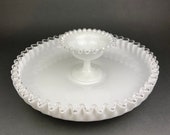Vintage Silvercrest Large Milk Glass Serving Platter Dip Dish. Glass Serving Centerpiece with Ruffled Edge. Set of Two. Chips and Dip Bowl