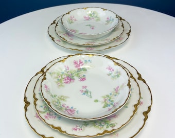Antique Limoges 2 Berry Bowl Trios. 2 Small Serving Bowls, Salad & Dessert Plates. Hand-Painted Florals. French Country Living. Rare Find.