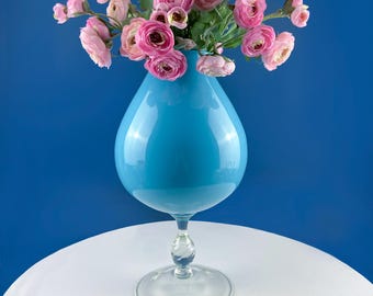 XLarge Light Blue Art Glass Pedestal Vase Twisted Clear Stem. Mid-Century Italian Murano or Empoli-Style Glassware. Modern Home.