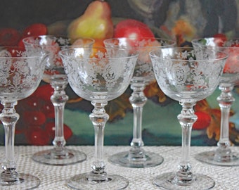 Tiffin-Franciscan Champagne Glasses. Etched June Night Pattern. Collectible Stemware.  Set of Six.