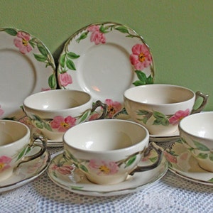 Antique Pottery Cup Saucer Set with Desert Rose Pattern.  Set of Six Collectible Franciscan Pottery and Two Plates Made in USA.