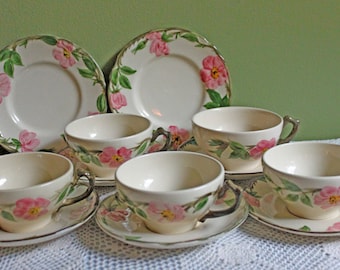 Franciscan Desert Rose Pottery Cup & Saucer Set – Antique Set of 6 with 2 Plates, Made in USA, Collectible Vintage Dishware