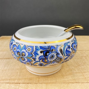 Vintage Italian Sugar Bowl/Bomboniere with Ceramic Spoon. Hand Painted Sugar Jar or Candy Dish. Lavorazione a Mano, Car Bomboniere. Italy.