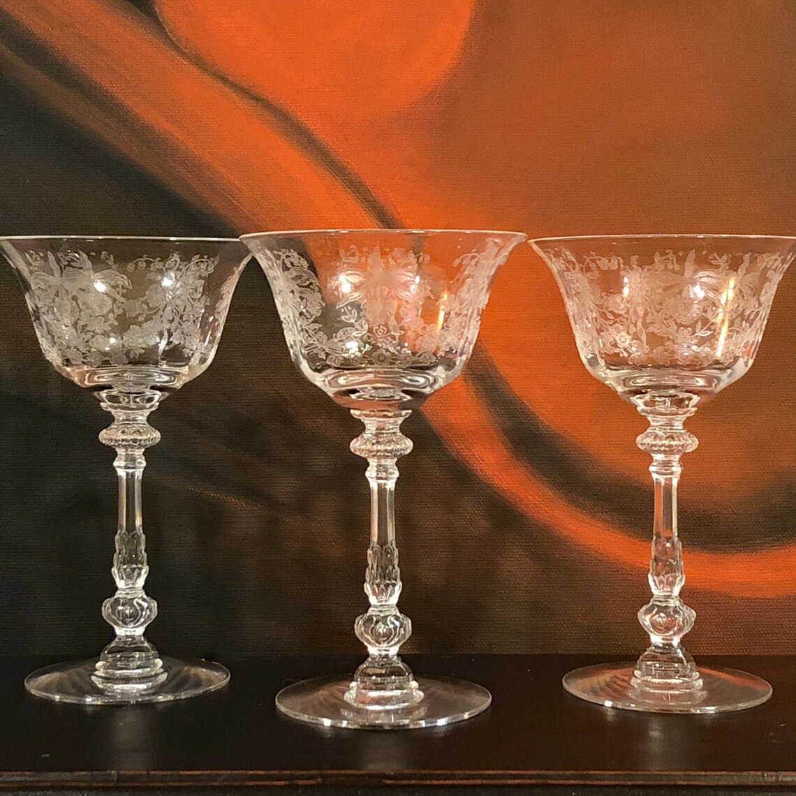 Heisey Orchid Crystal Champagne Glasses. Set of Three Heisey Etsy