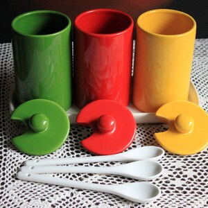 Condiment Jars with Lids , Spoons , and Tray. Containers for Serving Jam, Honey , or Ketchup. Modern Porcelain Kitchen Containers on Tray.