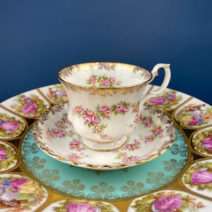 Cup and Saucer by Royal Albert. Vintage Dimity Rose Hand Painted Porcelain. Collectible Tea Set.