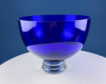 XL Cobalt Blue Crystal Serving Art Bowl on Clear Stand. Dining Room Table Decor. Dark Blue Modern Glass. Holiday Fine Dining.