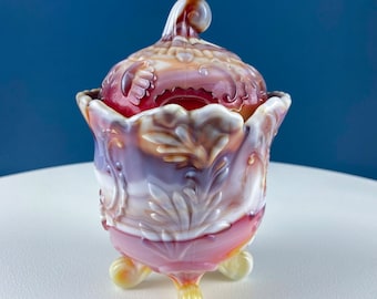 Unique End O'Day Ruby Compote Dish Handcrafted by Imperial Glass. Stunning Vintage Marbled Slag Glass. Collectible Candy or Trinket  Dish.