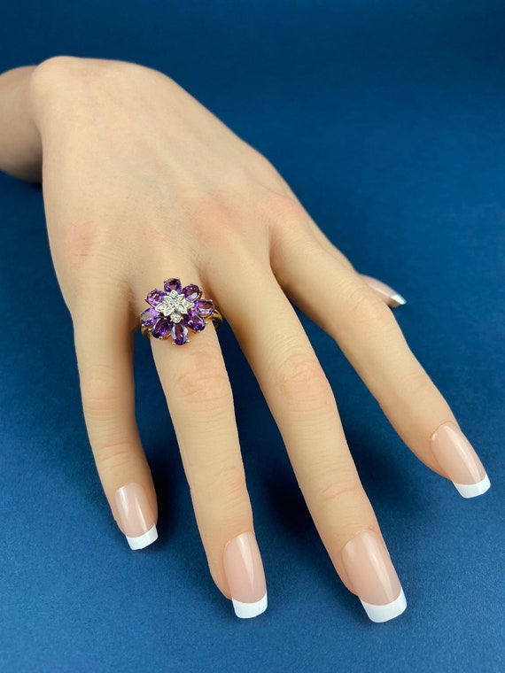 Vintage 10k Gold Amethyst and Diamond Flower Ring… - image 1