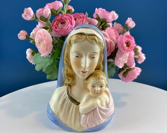 Vintage Ceramic Virgin Mary and Baby Jesus Vase Planter. Altar Display. Religious Statue. Lefton.