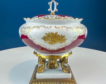 Antique Porcelain Burgundy & Gold Footed Bowl with Marble Base. Hand Painted Roses Storage Dish with Dolphin Feet. Ornate Marble Base.