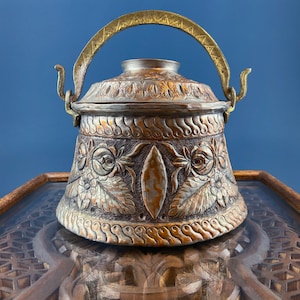 Antique Hand Pounded Copper & Tin Pail Storage Container or Vase with Lid and Brass Handle. Embossed Floral Folk Motif. Ethnic Home Decor.