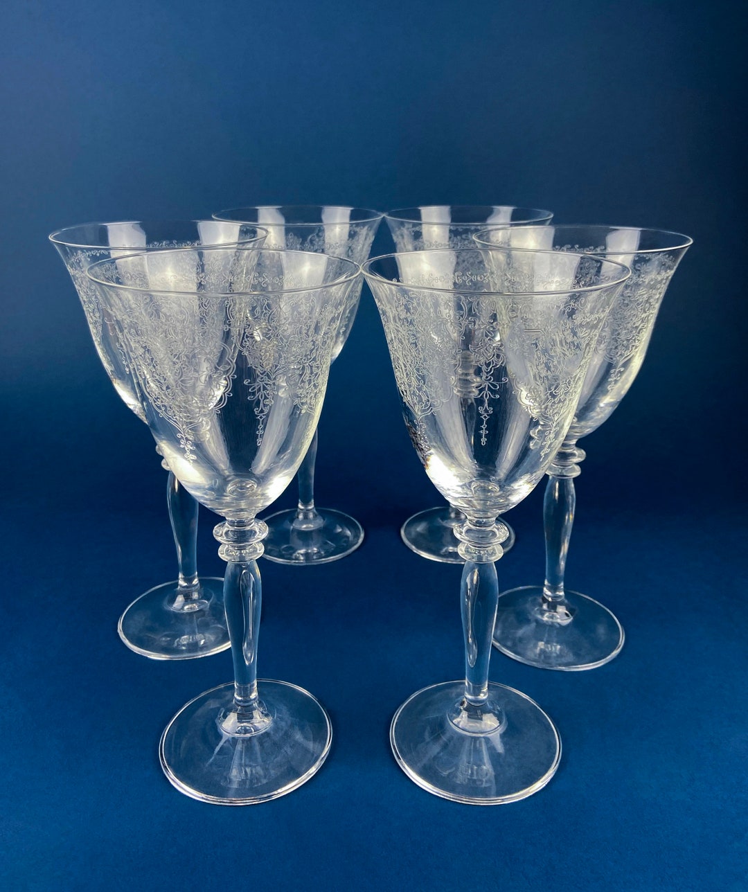 Etched Crystal Large Goblets. Set of 6 Oversized, Wine or Water Glassware. Persian Motif With