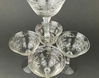 Fostoria Champagne/Tall Sherbet Crystal Glasses.  Etched Romance by Fostoria.  Set of 6 Vintage Stemware. Fine Crystal.