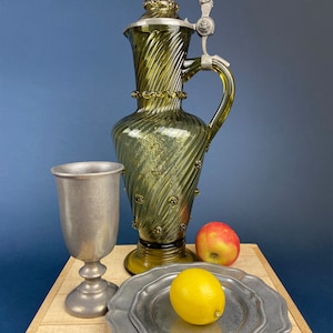Huge Glass Pitcher with Pewter Detailing. Antique Hand Blown Large 18&quot; German Wine or Water Jug. Rare Olive Green Color.