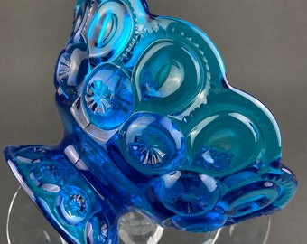 Vintage Aqua Blue Glass Footed Serving Bowl. LE Smith Moon and Stars Glass Bowl with Scalloped  Edge. Fruit Bowl. Dining Room Decor.