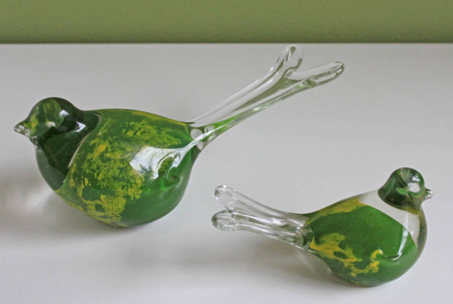 Glass Bird Figurines. Hand Blown Glass Birds. Green Yellow Etsy
