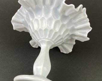 Vintage Milk Glass Candy Dish: Ruffled Edge, Thumb Print Motif