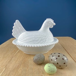 Milk Glass Hen Bowl with Lid. Chicken Sitting on Nest. Kitchen Accessory or Collectible Item. Milk Glass Collector. Modern Farmhouse.