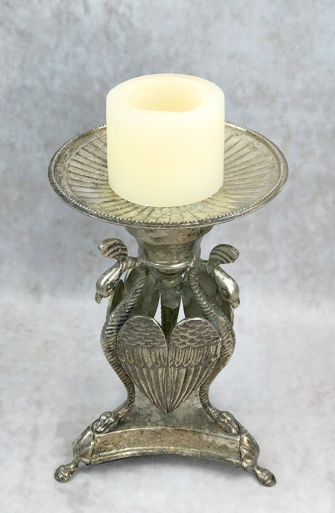 Antique Pillar Candle Holder / Silver Plated Candle Stand / Etsy