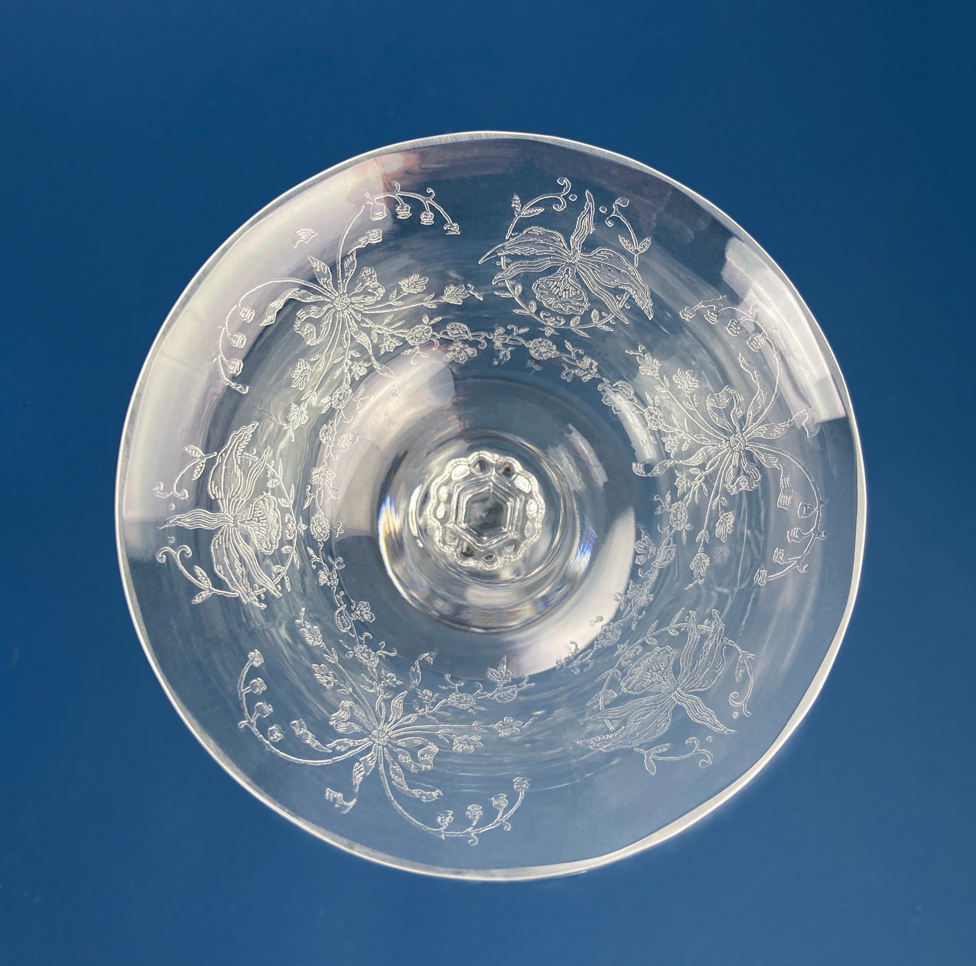 Heisey Champagne Stemware. Set of 6 Orchid Pattern Etched Crystal