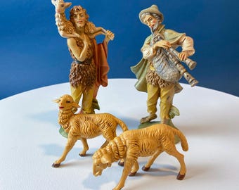 Fontanini Nativity Figurines. Shepherd, 2 Sheep, Bag Pipe Player Musician. 7.5 " Tall. Home Church Christmas Decor. Seasonal Decor.