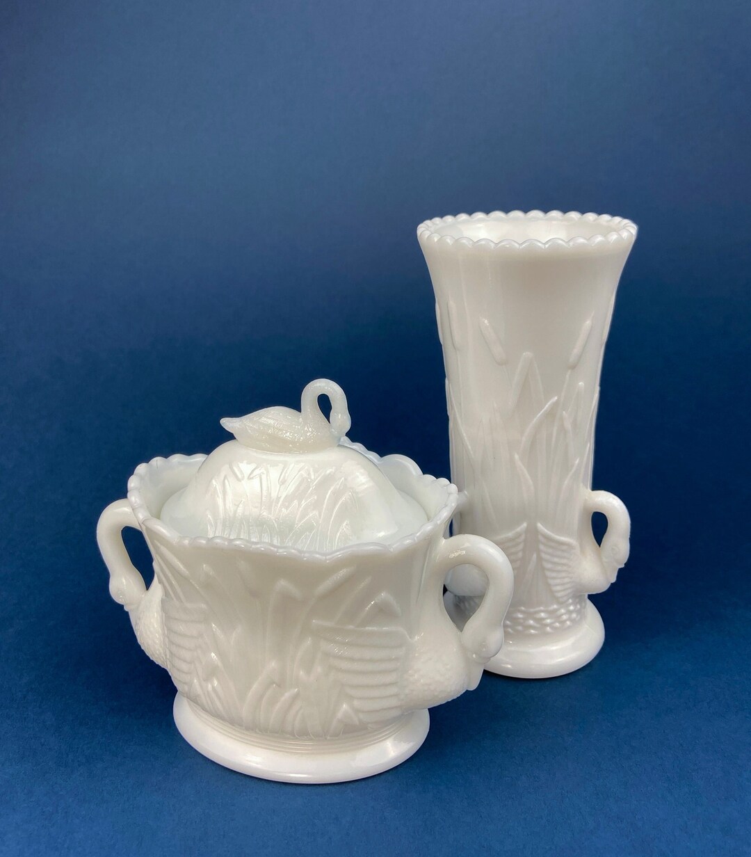 Milk Glass Jar and Vase With Swanshaped Handles. Set of 2 Matching