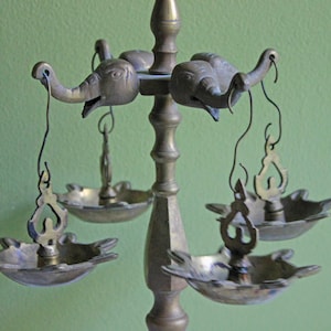 Traditional Diya Oil Lamp. 15&quot; Antique Brass Oil Lamp with Five Burners and Hand Crafted Elephants and Peacocks.