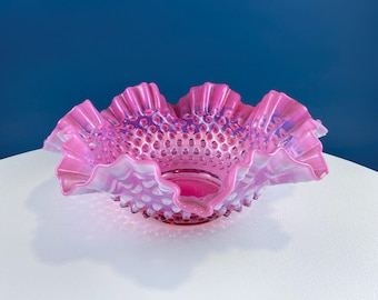 Vintage Fenton Pink Opalescent Hobnail Glass Bowl. Large Art or Serving Dish. Ruffled  Scalloped Brim.  Home Decor. Fine Dining.
