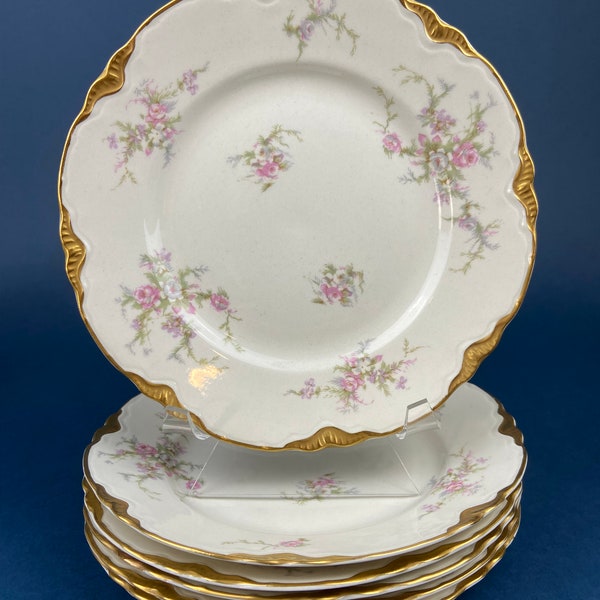 Antique 8" Salad Plates. Warwick, Hand-painted Cottage Rose Motif. Made in the USA. Set of Six Plates.