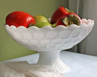 Milk Glass Footed Compote. Large Footed Bowl with Honey Comb Design. Scalloped Rim. Collectible Wedding Milk Glass Dish.