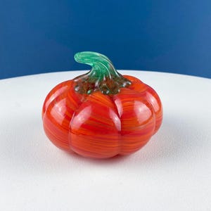 Vintage Hand Blown Orange Glass Pumpkin: Marbled Effect, Green Stem