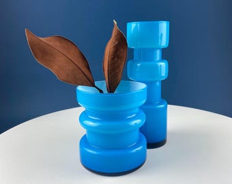 Set of 2 Modern Aqua Blue Geometrical Vases Ornamental Art Glass. Home Office or Retail Decor. Interior Design Ideas. Gift for Him or Her.