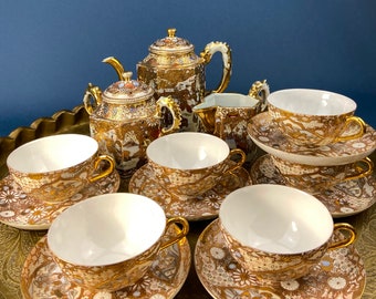 Antique Japanese Tea Cup Set. Gold Hand Painted Tea Set with Teapot, Sugar Bowl, Creamer, and Six Japanese Tea Cups.