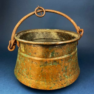 Antique Copper Cauldron: Hand Pounded Bucket with Wrought Iron Handle