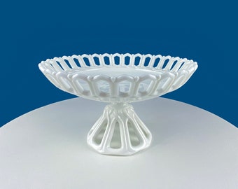 Stunning Milk Glass Footed Bowl with Reticulated Edge and Foot. Large White Lace Edge Serving Dish. Table Centerpiece. Dining Room Decor.